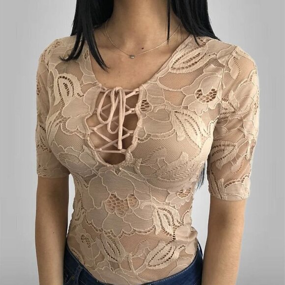 Guess Tops - Guess Beige Lace Up Corset Rose Bodysuit Floral Short Sleeves Mesh New